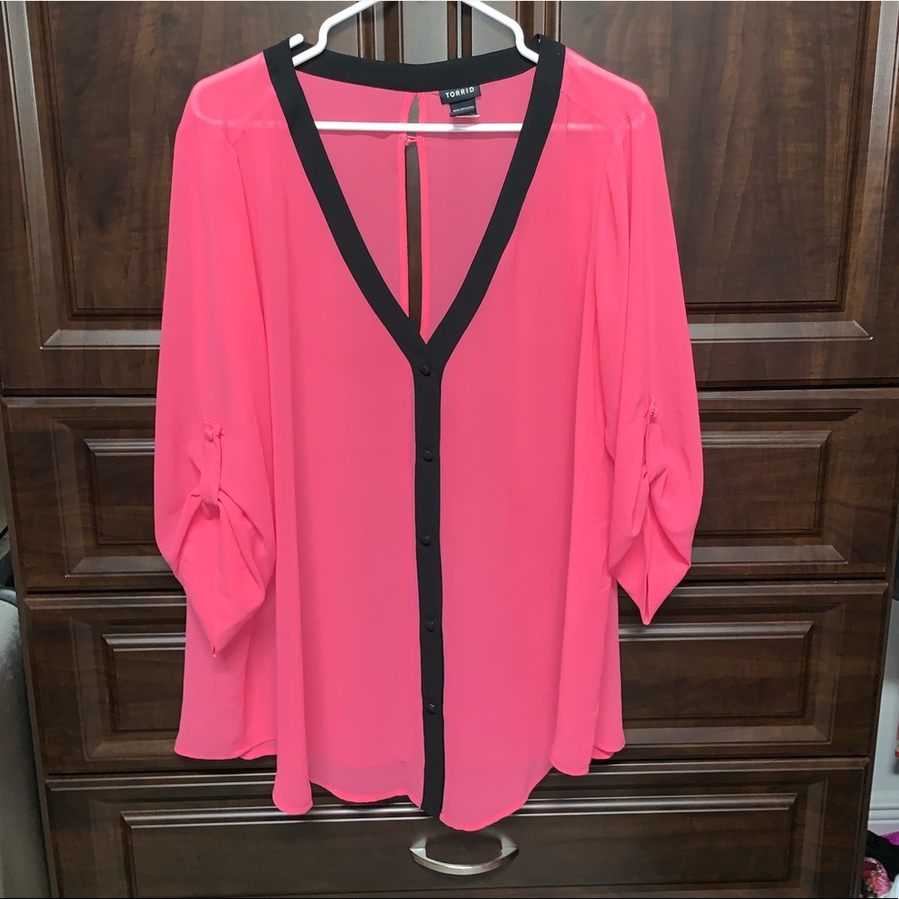 Torrid Sheer Pink & Black Blouse w/ Button Back